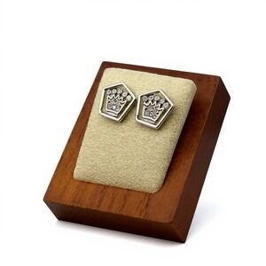 Thug Life Crown Stud‎ Earrings Surgical Steel Rhinestone Hexagon Silver Tone